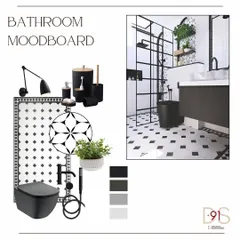 The mood board for our monochrome and minimalist washroom, showcasing the black and white patterned tiles and matte black fixtures.