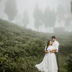 A serene moment captured during a pre-wedding shoot in the misty tea gardens of Darjeeling. The soft light and lush greenery create a dreamy, romantic atmosphere, perfect for capturing the couple's quiet connection.