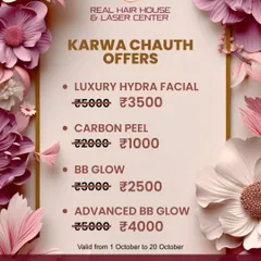 This Karwa Chauth, get the glowing skin you have always dreamed of. Take advantage of my special offers on Luxury Hydra Facial, Carbon Peel, and BB Glow treatments. This offer is valid from October 1 to October 20.