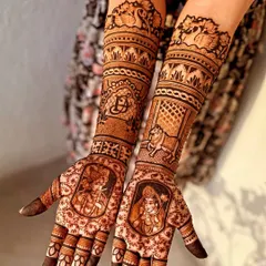 This unique design features portraits of deities on the palms, with a horse and the couple's initials on the arms. I can create any combination of figures and symbols that are meaningful to you.