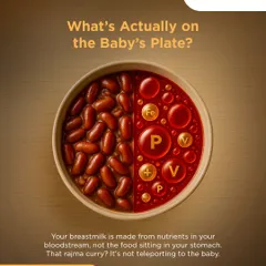 Let's look at what's actually on your baby's plate. Your breastmilk is made from nutrients in your bloodstream, not the food sitting in your stomach. That rajma curry isn't teleporting to your baby.