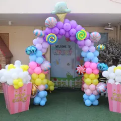 The entrance to our Candyland party, showcasing how we can transform the entire space, inside and out, to match your chosen theme.