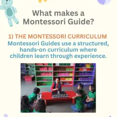 Our guides use a structured, hands-on curriculum where children learn through direct experience. This image shows a guide presenting a lesson to a small group, a common sight in our classrooms.