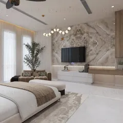A serene bedroom design where a large, marble-patterned wall serves as the backdrop for the TV unit. I've included a small, comfortable seating area by the window, creating a perfect spot for morning coffee.