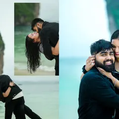 A collage of romantic moments on a picturesque beach, showing both playful dips and gentle embraces.