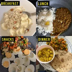 An example of a client's daily meals. Breakfast includes oats with banana, lunch is dal-rice, and dinner is a balanced plate of roti and chicken curry. Healthy eating can and should be delicious.