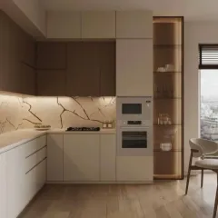 This L-shaped kitchen combines beige and dark wood-toned cabinets for a sophisticated, earthy feel. We added a full-height, back-lit glass pantry for a touch of elegance and practical storage, complemented by a beautiful marble backsplash.