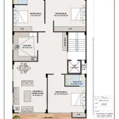 A 3BHK builder floor plan option for a standard rectangular plot in Delhi. This layout features an open-plan drawing and dining area, three bedrooms with attached toilets, and balconies on both ends.