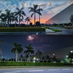 A day-and-night comparison of the landscape we designed and executed for the 50-acre Samsung Display factory in Noida. The design provides a pleasant, green environment for employees and visitors, with mature palm trees that are beautifully lit after dark.