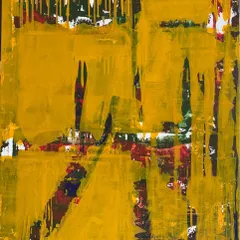 A radiant cascade of yellow dominates this canvas by Prabhakar Kolte. The vibrant hue contrasts beautifully with the rich layers of reds, greens, and blacks peeking through, creating a dynamic energy and a sense of movement.