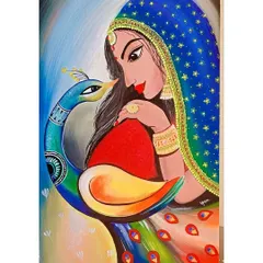 A close-up of my painting depicting a woman in traditional attire sharing a gentle moment with a peacock, symbolizing grace and beauty.