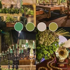 This mood board explores a sophisticated green and gold theme, perfect for a luxe Sangeet or reception, with details like a vintage gramophone.
