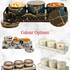 These festive dry fruit containers are crafted to keep snacks fresh while looking beautiful. This set features a modern black and gold marble design with multiple color options.