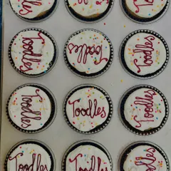 A tray of our vanilla buttercream cupcakes decorated for a corporate farewell party. Each cupcake is topped with the fun message "Toodles" and colorful sprinkles for a sweet and cheerful send-off.