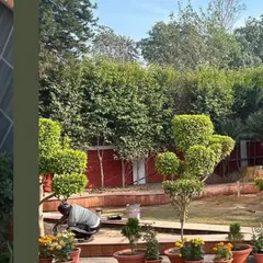 The assembly garden at the school entrance features stepped seating integrated into the landscape. This biophilic design provides a green waiting area for parents and a perfect spot for school photographs.