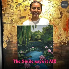 The smile says it all. A happy student proudly displays her completed painting of a serene lily pond, a beautiful masterpiece she created in my class.