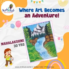 For our adult students, art becomes an adventure. Here, Mahalakshmi, age 30, captures a majestic mountain waterfall scene.