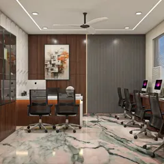 This 3D office design combines a private cabin and an open workstation area. The use of glass partitions, consistent wood tones, and striking marble flooring creates a cohesive and professional look.