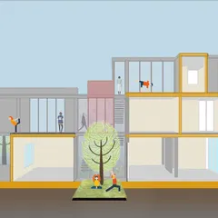 An architectural section drawing for a residence, illustrating how different levels and spaces connect to a central courtyard. The colors denote different materials and zones, including outdoor yoga areas.