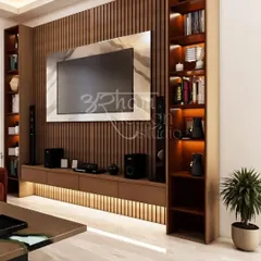 A closer look at the custom TV unit from our Lajpat Nagar project. The combination of fluted wood panels, integrated shelving, and warm backlighting creates a functional and visually stunning focal point for the living area.
