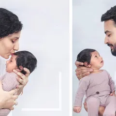 A collage showing a mother's gentle kiss and a father's proud gaze. These are the moments that define the newborn experience, captured for you to remember always.