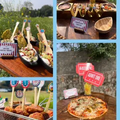 A collage showcasing the variety of food at a carnival-themed party. You can see Palak Patta Chaat, Mexican Tacos, and pizza, all featuring fun, thematic labels like 'Admit One' tickets.