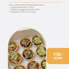 A look at my Savoury Sampler box, perfect for gifting or when you crave something not-so-sweet. This box contains a delicious assortment of tarts, including Basil Mushroom, Baked Veggie Cheese, and Spinach and Corn.