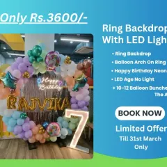 Promotional offer for a Ring Backdrop with LED Light for Rs. 3600, including a neon sign and marquee age number.