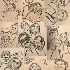 A collage of happy customers and their caricatures. This is a snapshot of the joy I get to create every day.