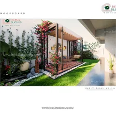 This design concept shows a cozy corner in a backyard, featuring a pergola with a swing seat. We used flowering bougainvillea to soften the compound wall and add a vibrant splash of color.