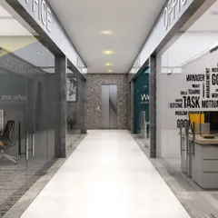 This 3D visualization shows the typical floor corridor for the 'AURA - Sky Tower' commercial project. The design uses a clean, minimalist aesthetic with glass-fronted office entrances and consistent lighting to create a professional and easily navigable space.
