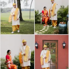 A collage of a Maharashtrian couple in traditional yellow and orange outfits, posing in a beautiful garden setting.