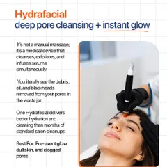 A Hydrafacial is a medical-grade device that provides deep pore cleansing and an instant glow by simultaneously cleansing, exfoliating, and infusing serums into the skin.