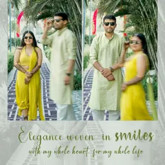A stylish portrait of a couple during their Haldi festivities. The creative edit and their coordinated yellow outfits make for a chic and modern pre-wedding photo.
