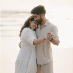 A gentle, romantic dance on the sand at sunset. These are the soft, timeless moments I love to capture during a beach pre-wedding shoot.