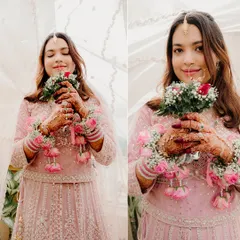 A diptych of the bride holding her floral bouquet. Her gentle smile and the soft colors create a feeling of pure grace and beauty.