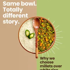 Same Bowl, Different Story: This image visually compares a bowl of white rice to a bowl of nutritious millets, highlighting why we often choose these ancient grains for their superior protein, fiber, and low-glycemic properties.
