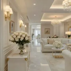 A view of a grand, neo-classical living room designed for elegance. The all-white color palette is accented with gold details on the furniture and wall sconces. The use of wall molding, classic furniture shapes, and crystal chandeliers creates a timeless and luxurious feel.