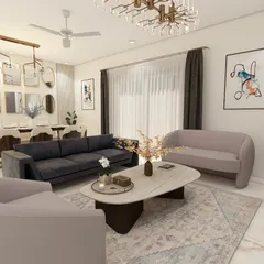 This angle shows the flow between the seating areas in the ATS Pristine living room. The combination of a large sofa and a smaller loveseat, tied together with a soft rug and modern coffee table, creates distinct zones within the open-plan layout.
