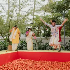 Who says a Haldi has to be traditional? We brought the spirit of Spain's La Tomatina festival to this pre wedding celebration, creating an experience filled with laughter, energy, and a whole lot of tomatoes. We love turning wild ideas into reality.