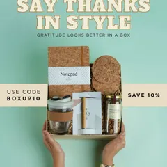 Say thanks in style with this eco-friendly hamper. It features a cork notepad, a glass tumbler with a cork sleeve, and other sustainable items that show gratitude beautifully.