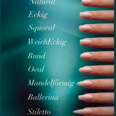 Not sure what nail shape to get? This chart shows some of the most popular shapes I offer, from natural round and oval to dramatic stiletto and ballerina. We can choose the best one for your hands and lifestyle.