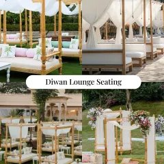We offer regal Diwan lounge seating with canopy tops and plush cushions, creating a comfortable and royal space for guests to relax.