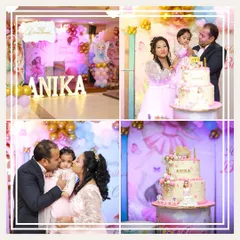 A collage capturing the beautiful moments from Anika's birthday. You can see the custom fairy-themed decor, the multi-tiered cake, and the happy family celebrating together, showcasing a complete party experience.