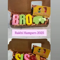My Rakhi hampers are all about celebrating the special bond between siblings. I create these fun, personalized sets with colorful "BRO" and "SIS" soaps made from gentle goat milk, making them a unique gift for Raksha Bandhan.