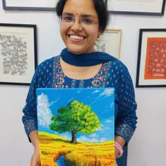 Another happy participant from our AIIMS art therapy session, showcasing a vibrant landscape painting. It's wonderful to see professionals unwind and tap into their creative side.