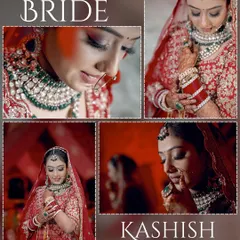A beautiful collage of the bride, Kashish, focusing on the intricate details of her jewelry, makeup, and emotional expressions.
