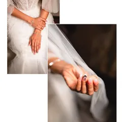 A diptych focusing on the bride's hands, showing her elegant manicure and bracelet. These small details are an important part of her complete bridal look.