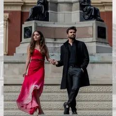 A powerful portrait set against the iconic Royal Albert Hall in London. This image showcases our expertise in destination pre-wedding shoots, blending high fashion with historic grandeur for a truly timeless feel.