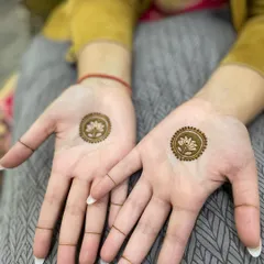 Minimalist lotus mandalas on the palms with simple henna lines on the fingers. This is a very modern and chic look.